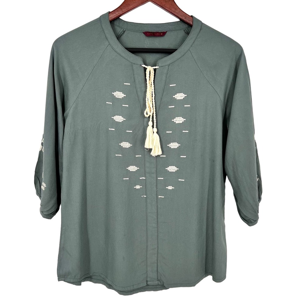 Tokyo Talkies Womens Sz Medium Boho Bohemian Green Blouse Shirt Top Festival